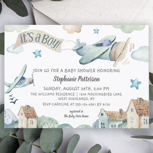 Its a Boy Cute Watercolor Airplanes Baby Shower Invitation