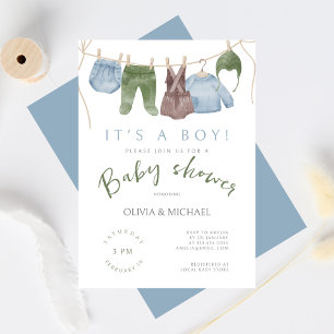 Its a Boy Cute Watercolor Clothes Baby Shower Invitation