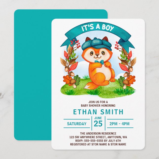 It's a Boy  Cute Watercolor Fox Baby Shower Invitation (Front/Back)
