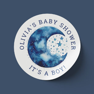 Its a Boy. Cute whimsical blue moon baby shower Classic Round Sticker