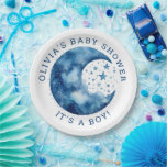 Its a Boy. Cute whimsical blue moon baby shower Paper Plates<br><div class="desc">Cute whimsical watercolor blue moon and stars Paper Plates "Its a Boy" for celestial space baby shower.</div>