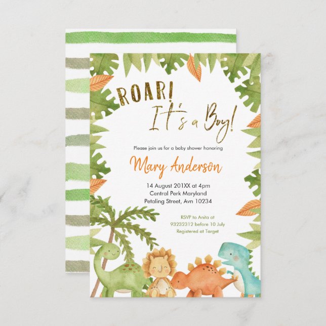 It's a boy Dinosaur Baby Shower Invitation (Front/Back)