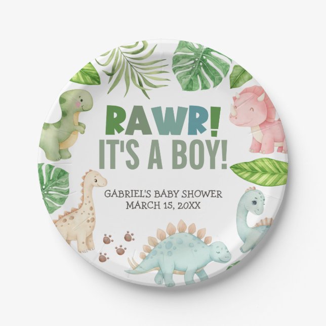 It's a Boy Dinosaur Baby Shower Paper Plates (Front)