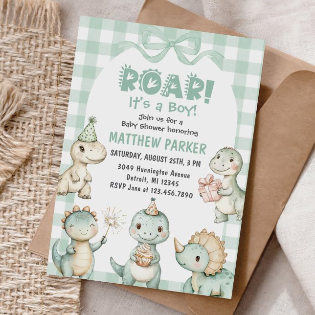 It's A Boy Dinosaur Gingham Baby Shower Invitation (Creator Uploaded)