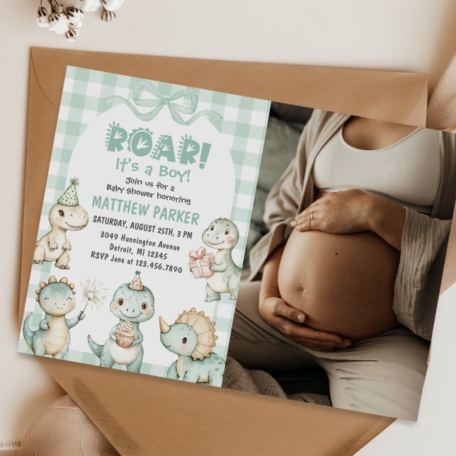 It's A Boy Dinosaur Gingham Baby Shower Photo Invitation (Creator Uploaded)