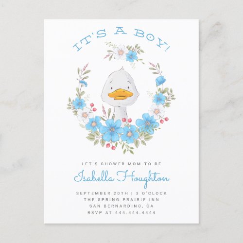 Its A Boy Duck  Blue Floral Wreath Baby Shower Invitation Postcard