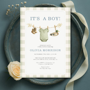 It's a Boy Duck Hunting Gingham Baby Shower Invitation