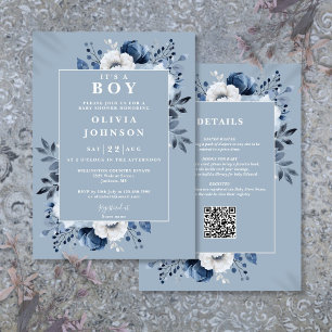 Its A Boy Dusty Blue Floral All In One Baby Shower Invitation