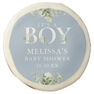 Its A Boy Dusty Blue Floral Baby Shower Sugar Cookie