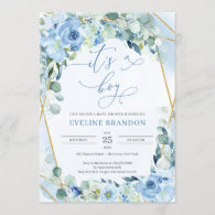 It's A Boy Dusty Blue Floral Gold Boho Baby Shower Invitation