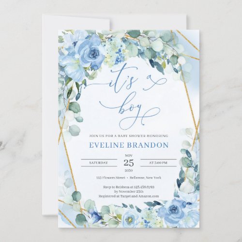 Its A Boy Dusty Blue Floral Gold Boho Baby Shower Invitation