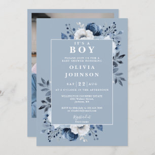 Its A Boy Dusty Blue Floral Photo Baby Shower Invitation