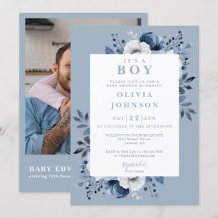 Its A Boy Dusty Blue Floral Photo QR Baby Shower Invitation