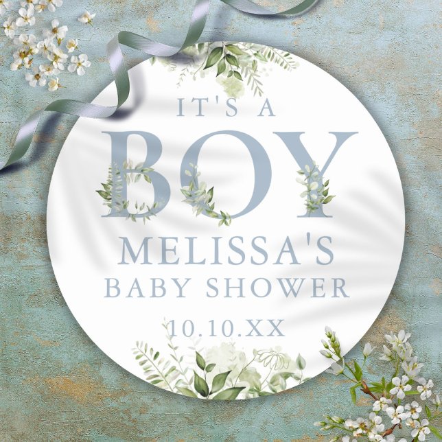 Its A Boy Dusty Blue Greenery Baby Shower Classic Round Sticker (Its A Boy Dusty Blue Greenery Baby Shower Classic Round Sticker)