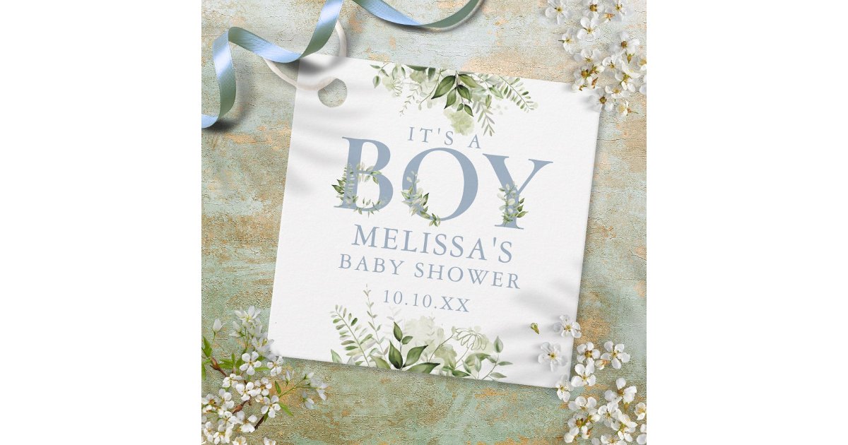 Its A Boy Dusty Blue Greenery Baby Shower Favor Tags | Zazzle