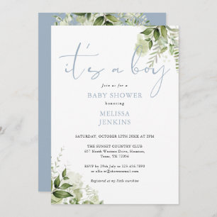 Its A Boy Dusty Blue Greenery Baby Shower Invitation