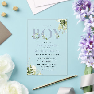 Its A Boy Dusty Blue Greenery Letter Baby Shower Acrylic Invitations