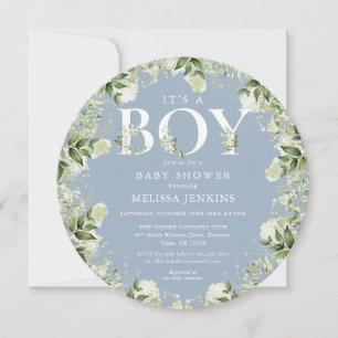 Its A Boy Dusty Blue Greenery Letter Baby Shower Invitation