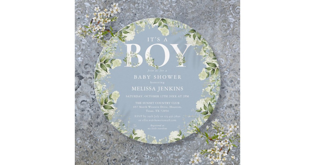 Its A Boy Dusty Blue Greenery Letter Baby Shower Invitation | Zazzle