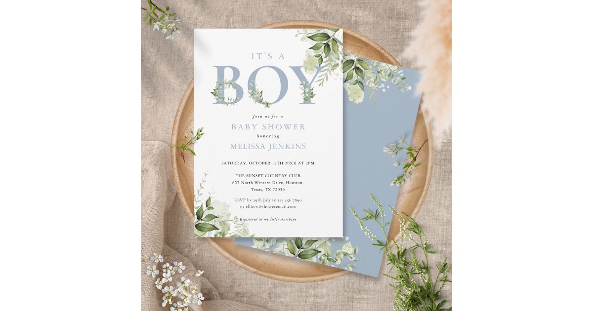 Its A Boy Dusty Blue Greenery Letter Baby Shower Invitation | Zazzle