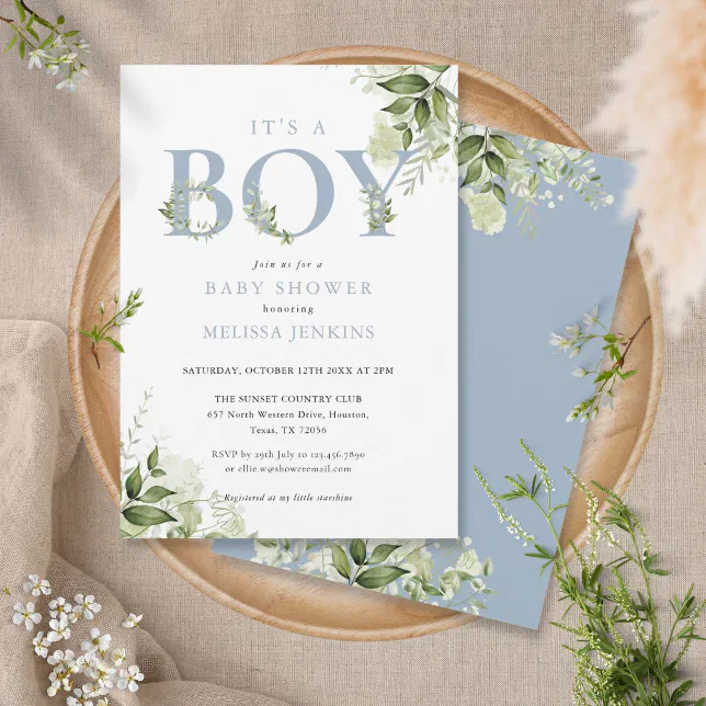 Its A Boy Dusty Blue Greenery Letter Baby Shower Invitation | Zazzle