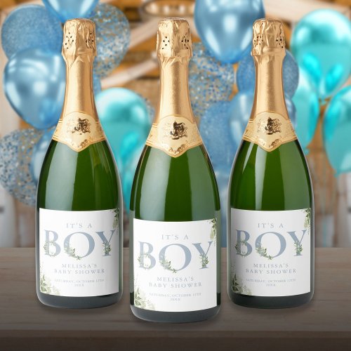 Its A Boy Dusty Blue Greenery Letter Baby Shower Sparkling Wine Label