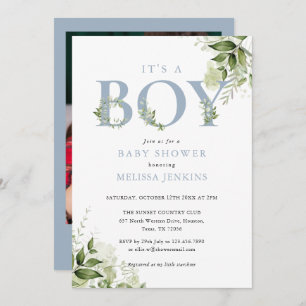 Its A Boy Dusty Blue Greenery Photo Baby Shower Invitation