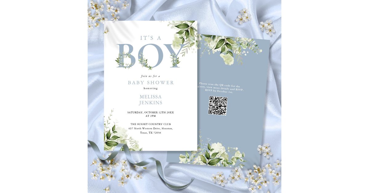 Its A Boy Dusty Blue Greenery QR Code Baby Shower Invitation | Zazzle