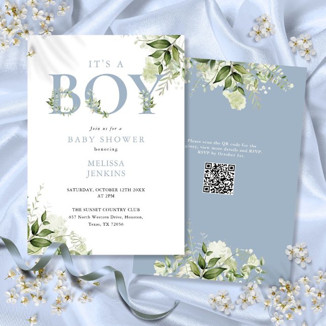 Its A Boy Dusty Blue Greenery QR Code Baby Shower Invitation (Its A Boy Dusty Blue Greenery QR Code Baby Shower Invitation)