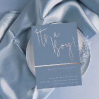 Its a Boy! Dusty Blue Modern Baby Shower Rose Gold Foil Invitation