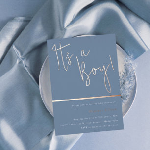Its a Boy! Dusty Blue Modern Baby Shower Rose Gold Foil Invitation