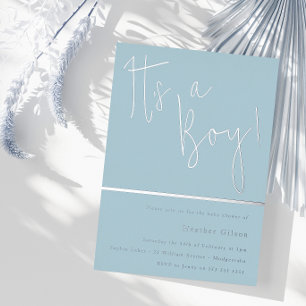 Its a Boy! Dusty Blue & Silver Baby Shower Silver Foil Invitation
