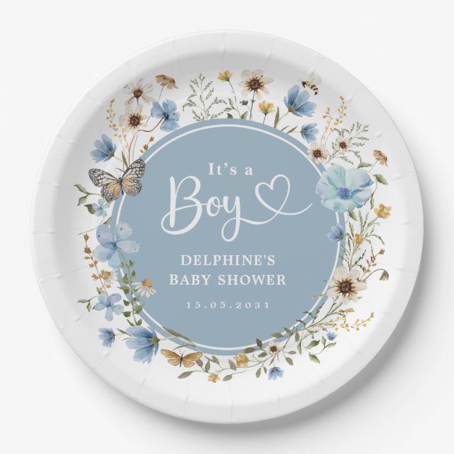 It's a Boy | Dusty Blue Wildflower Baby Shower Paper Plates (Front)