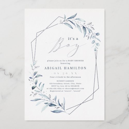 Its a Boy Dusty Greenery Rose Gold Baby Shower Foil Invitation