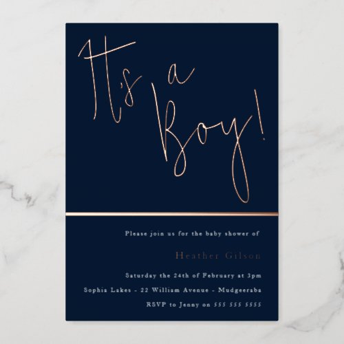 Its a Boy Dusty Navy Blue Baby Shower Rose Gold Foil Invitation