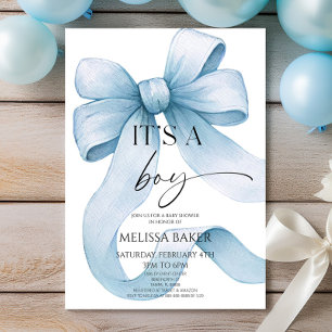 It's A Boy Elegant Blue Bow Baby Shower Invitation