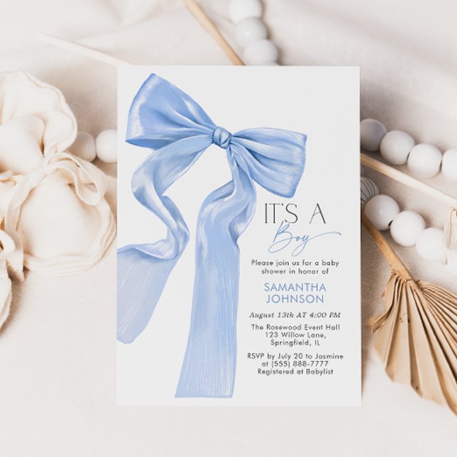 Its a Boy Elegant Blue Bow Baby Shower Invitation (Creator Uploaded)