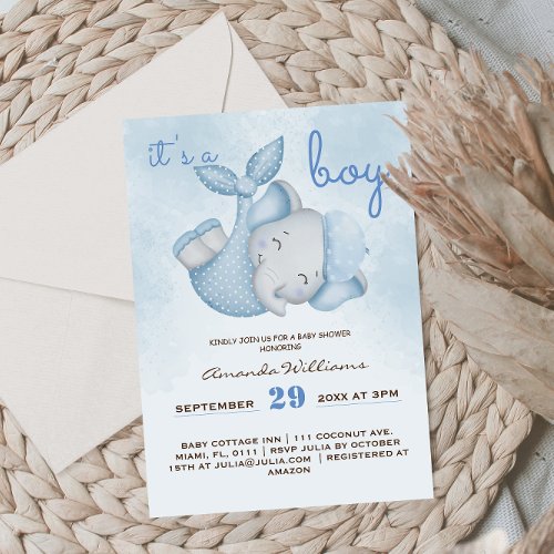 Its a boy elephant baby boy shower blue invitation