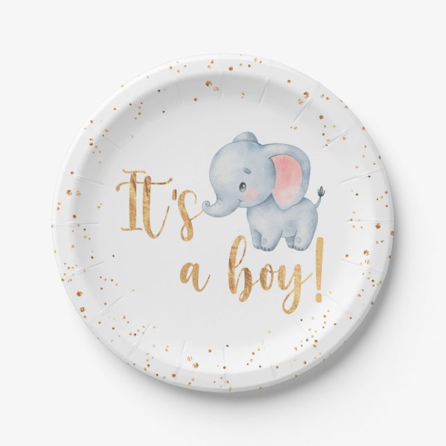 It's a Boy! Elephant Baby Shower Party Paper Plates (Front)