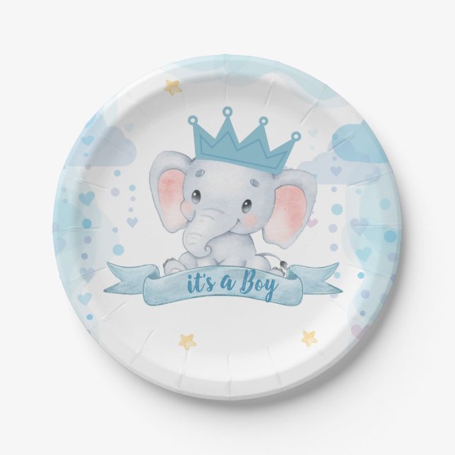 its a boy elephant baby shower party paper plates (Front)
