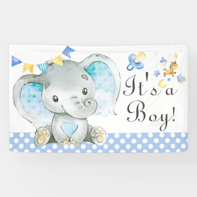 It's a Boy! Elephant Baby Shower Watercolor Banner (Horizontal)