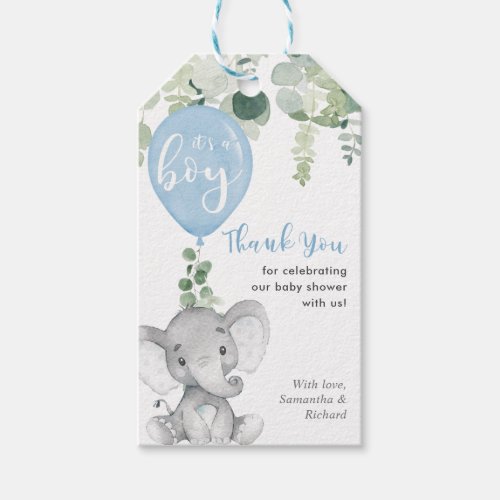 Its a boy elephant balloon baby shower favor tag