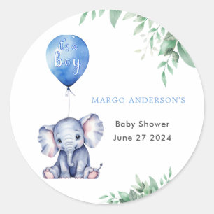 It's a Boy Elephant Balloon Blue Baby Shower Classic Round Sticker