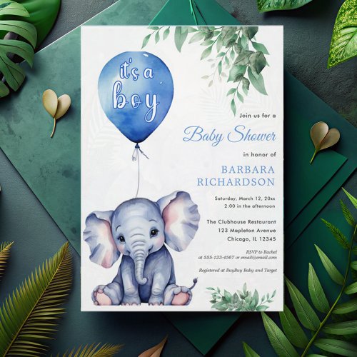 Its a Boy Elephant Balloon Blue Baby Shower Invitation