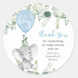 It&#39;s a boy elephant balloon greenery baby shower classic round sticker