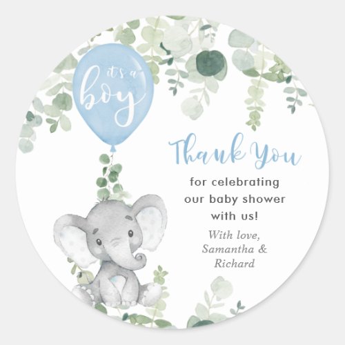 Its a boy elephant balloon greenery baby shower classic round sticker