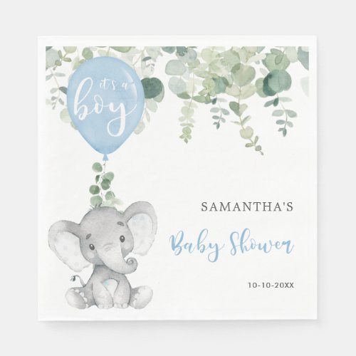 Its a boy elephant balloons baby shower greenery napkins