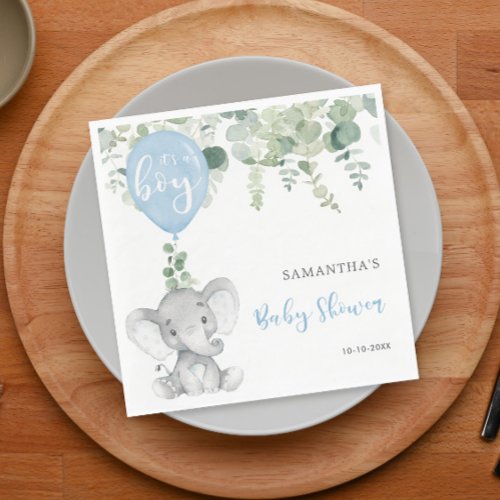 Its a boy elephant balloons baby shower greenery napkins