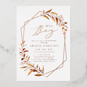 It's a Boy Fall Greenery Geometric Baby Shower Foil Invitation