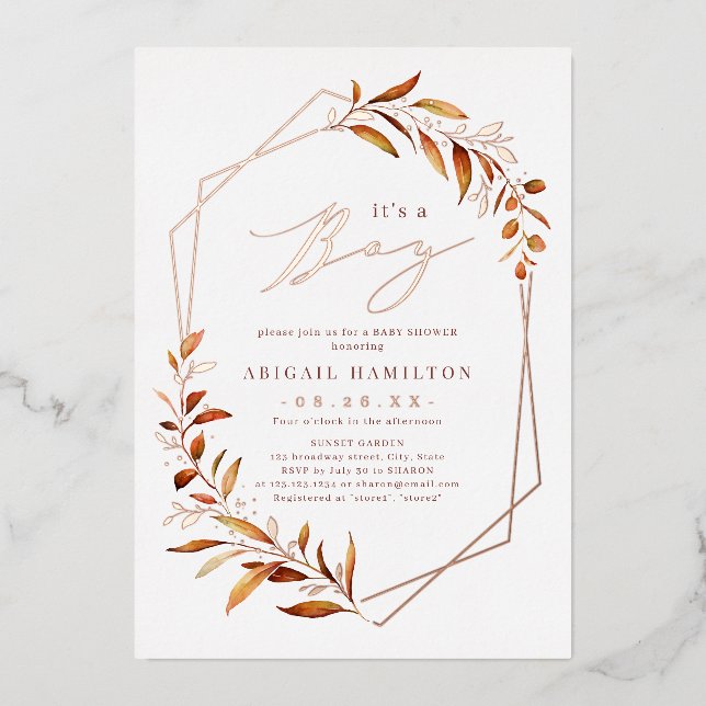 It's a Boy Fall Greenery Geometric Baby Shower Foil Invitation (Front)